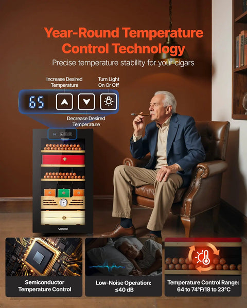 Electric Humidor For Home Use 48L Cigar Cabinet With Cooling Temperature Control 350 Count Capacity demonstrated indoors.