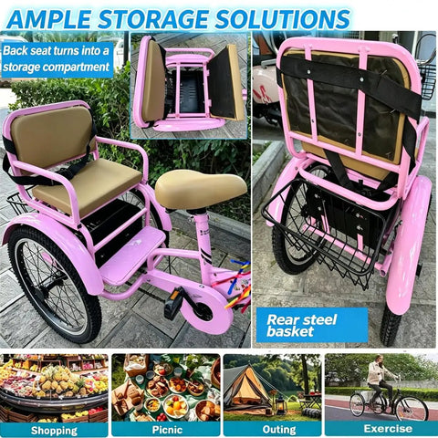 Pink three wheel kids bicycle for ages three to ten, tandem trike with passenger seat, showing rear basket and storage solutions.