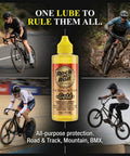 Gold Bike Chain Lube 4oz Two In One Clean And Lubricates For Road Track MTB And BMX bottle with cyclists.