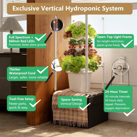 Dope Indoor Hydroponic Garden Tower With 30 Pods 48W LED Grow Light, vertical setup with full-spectrum LEDs and waterproof design