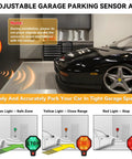 Adjustable Garage Parking Sensor With LED Display Black No Guesswork Parking Ultrasonic Distance Meter From 6 Inches To 6 Feet For Pinpoint Parking, Easy Setup With Adhesive Or Anchors, Great For Compact Cars, SUVs, And Trucks. Black wall-mounted parking sensor with LED stop light beside a car in a garage