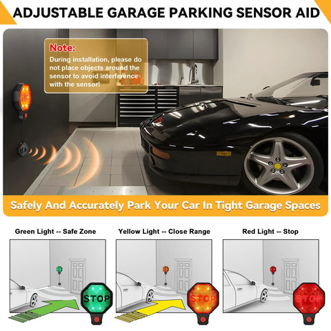 Adjustable Garage Parking Sensor With LED Display Black No Guesswork Parking Ultrasonic Distance Meter From 6 Inches To 6 Feet For Pinpoint Parking, Easy Setup With Adhesive Or Anchors, Great For Compact Cars, SUVs, And Trucks. Black wall-mounted parking sensor with LED stop light beside a car in a garage