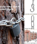 One Eighth Inch Stainless Steel Gate Chain Lock For Outdoor Fences Adjustable 28 Inch Gate Link Chain With One Fifth Inch Carabiners Built For Heavy Duty Use Tough As Nails Yard Gates Pet Cages Garden Doors Silver shown with close-up of locking mechanism and carabiners.