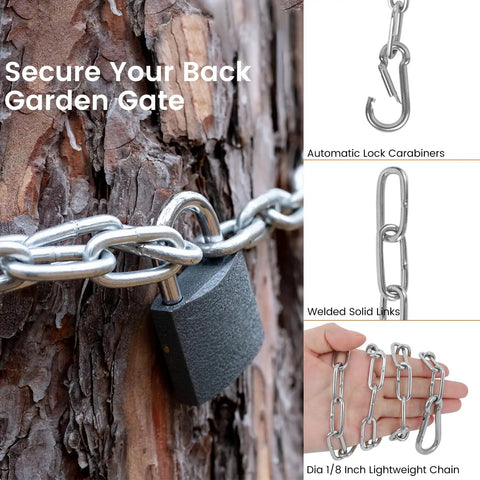 One Eighth Inch Stainless Steel Gate Chain Lock For Outdoor Fences Adjustable 28 Inch Gate Link Chain With One Fifth Inch Carabiners Built For Heavy Duty Use Tough As Nails Yard Gates Pet Cages Garden Doors Silver shown with close-up of locking mechanism and carabiners.