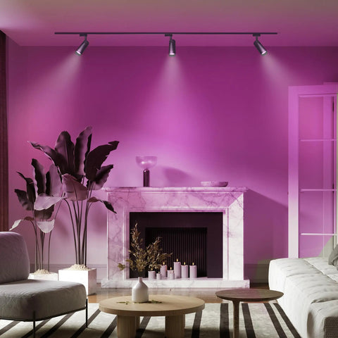 Living room with pink lighting from Smart RGBW MR16 LED Bulb 50W Equivalent WiFi Connected No Hub Needed