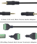 3.5Mm Audio Terminal Block 1/8 Inch TRRS Screw Connector with male stereo and female screw terminal adapters.