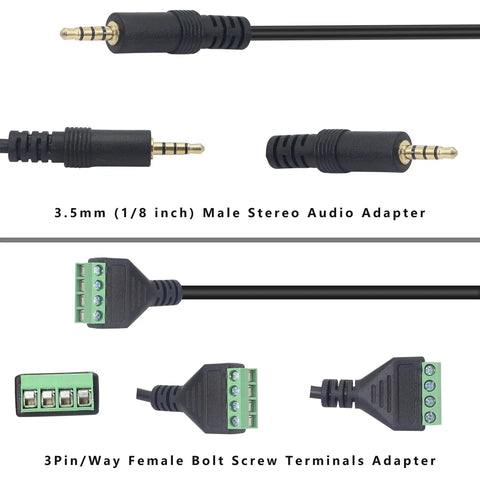 3.5Mm Audio Terminal Block 1/8 Inch TRRS Screw Connector with male stereo and female screw terminal adapters.
