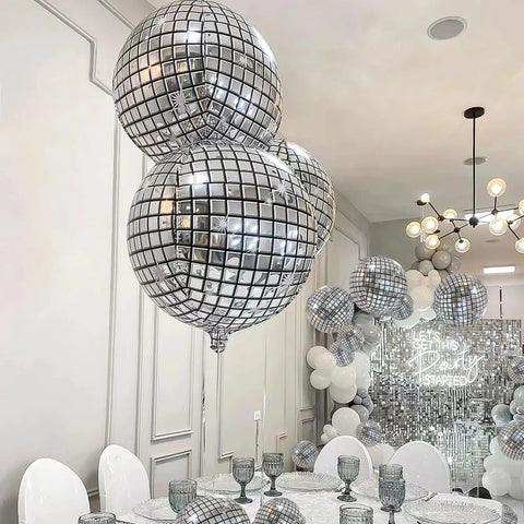 Metallic Silver Disco Balloons In Mixed Sizes 32-Inch, 22-Inch, And 10-Inch - 20 Count 4D Mylar Balloons for 70s 80s disco theme parties