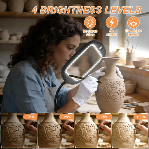 Artist using Upgraded 30X And 10X Floor Magnifying Glass With Light And Stand to examine pottery with brightness levels.