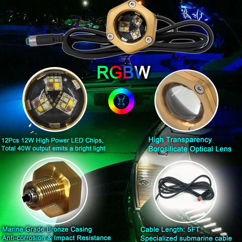 Underwater Boat Drain Plug RGBW LED Light IP68 Marine Trailer Light with 1/2in NPT, borosilicate lens, and marine-grade casing