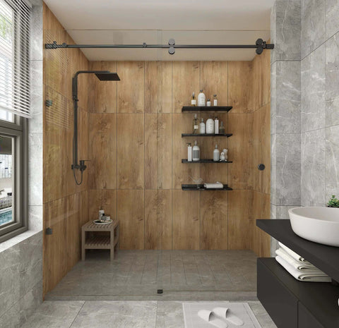 5 Foot Frameless Black Sliding Glass Shower Door Running Track Barn Style Hardware Set For Space Saving Bathrooms