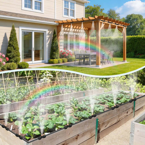 Outdoor Patio Misting System With 20 Brass Nozzles And Three Quarter Inch Adapter Pre Assembled Water Filter 75 Feet Of Tubing Large Area Cooling For Garden Patio Pool Backyard in use on patio and garden.