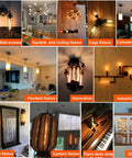 Collage of lighting fixtures including Dimmable E26 LED Bulb 6W Equal 60W, AC120V Warm White 2700K 600LM T10 Edison Style Light
