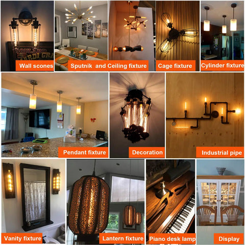 Collage of lighting fixtures including Dimmable E26 LED Bulb 6W Equal 60W, AC120V Warm White 2700K 600LM T10 Edison Style Light