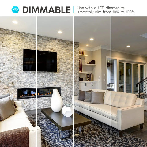 Living room with Six Pack 4 Inch LED Recessed Ceiling Lights With Five Color Temperature Options 2700K To 5000K.