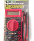Digital Amp Ohm Volt Meter For DIY Techies, 7 Function Multimeter with red casing and 32-inch leads in packaging