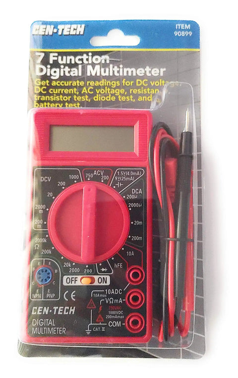 Digital Amp Ohm Volt Meter For DIY Techies, 7 Function Multimeter with red casing and 32-inch leads in packaging