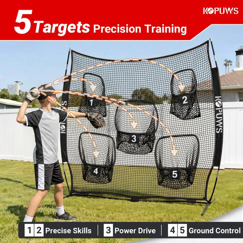 Boy using All In One 7x7 Football And Multi Sport Throwing Net With 5 Target Holes, Beast Mode Ready Heavy Duty Impact Resistant Practice Net