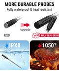 Upgraded Wireless Meat Thermometer With Rechargeable Probe, waterproof, and heat-resistant probe shown with steak and water test.