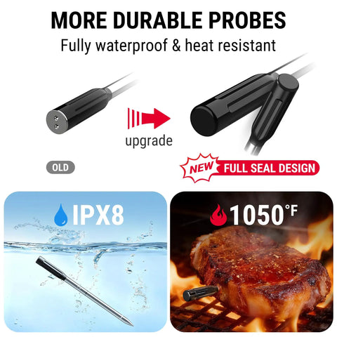 Upgraded Wireless Meat Thermometer With Rechargeable Probe, waterproof, and heat-resistant probe shown with steak and water test.