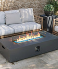 56 Inch Outdoor Propane Fire Pit Table With 50000 BTU Power for patios, gray finish, hidden tank, blue glass rocks, wind guard