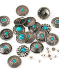 Rugged Western Zinc Alloy Conchos With Eighteen Faux Turquoise Screw Back Rivets And Tough Leathercraft Studs For Custom Boots Bags And Wraps Truly Badass Diy Hardware Kit, assorted designs and rivets.