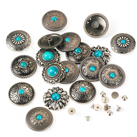 Rugged Western Zinc Alloy Conchos With Eighteen Faux Turquoise Screw Back Rivets And Tough Leathercraft Studs For Custom Boots Bags And Wraps Truly Badass Diy Hardware Kit, assorted designs and rivets.