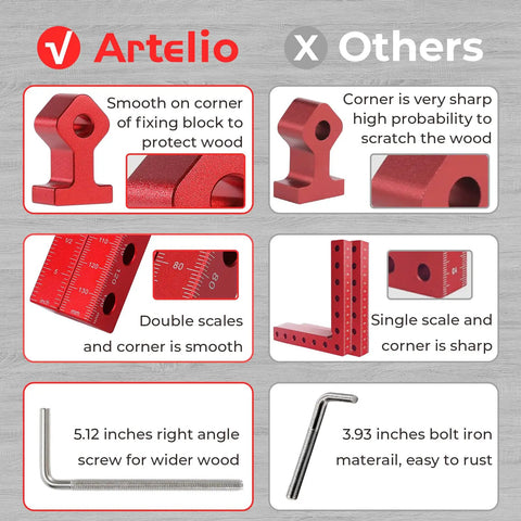 Heavy Duty 90 Degree Corner Clamps For Woodworking 4 Pack 5.5 Inch Aluminum Right Angle Squares Include Gloves showing smooth corners and scales.