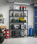Heavy Duty 5-Tier Metal Storage Shelving Unit With Adjustable Wire Shelves For Garage, Kitchen, Basement, Laundry And Office, The Workhorse Black Steel Rack With 1750 Lbs Total Capacity, 47.2 W X 17.7 D X 72.3 H in garage with tools and bins