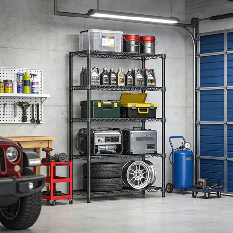 Heavy Duty 5-Tier Metal Storage Shelving Unit With Adjustable Wire Shelves For Garage, Kitchen, Basement, Laundry And Office, The Workhorse Black Steel Rack With 1750 Lbs Total Capacity, 47.2 W X 17.7 D X 72.3 H in garage with tools and bins