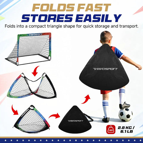 Two Pack Easy Fold Pop Up Kids Soccer Goals For Backyard Play With Net Size 3 Soccer Ball Pump 10 Training Cones Ground Stakes