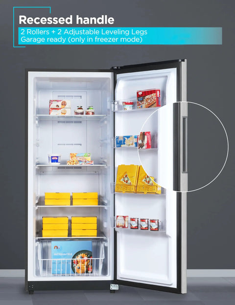 Big Boy 17 Cu Ft Convertible Freezer And Refrigerator interior view showcasing shelves, recessed handle, and adjustable leveling legs.