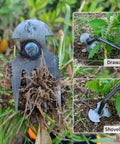 Dual Purpose 4-Teeth Weeder Tool With Rubber Handle removing weeds in garden, showcasing dig and pull functionality.