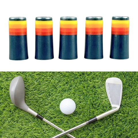 Five Piece Golf Iron Ferrules Repair Kit For Easy Club Upgrades, colorful taper tip adapters on grass with clubs and ball