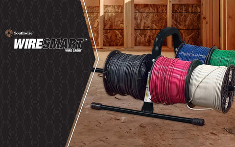 Wiresmart Wire Caddy holding multiple spooled wires in a workshop, showcasing its heavy duty square tube steel and portable design.
