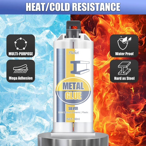 Front view of Metal Glue epoxy adhesive cartridge, 50 ml, silver label; for metal, ceramic and plastic; heat and cold resistant