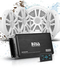 Marine Boat 6.5 Inch Speaker And 4 Channel Amplifier Bundle, 500 Max Per Channel, Bluetooth Remote, USB Charging