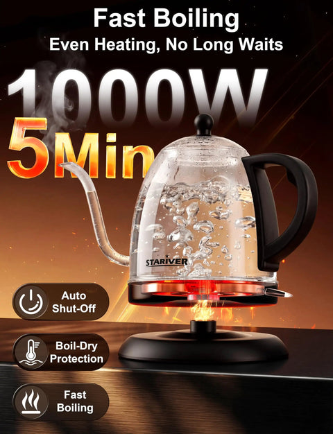 Transparent gooseneck electric kettle 1L stainless steel with visible boiling water, featuring BPA free, fast heating, auto shut off.