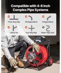 Wheeled Electric Sewer Snake Auger With 100 Feet Cable And Three Quarter Inch Width Auto Feed Drain Cleaner shown with compatibility chart.