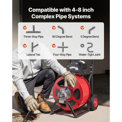 Wheeled Electric Sewer Snake Auger With 100 Feet Cable And Three Quarter Inch Width Auto Feed Drain Cleaner shown with compatibility chart.