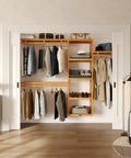 Sweet Solid Wood Closet Organizer System With Slick Honey Maple Finish And Heavy Duty Hanging Rods Wall Mount Storage Tower in a stylish room layout.