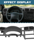 Dash radio bezel cover for 1998–2004 Chevy S10 Blazer/GMC Jimmy; in-car installed view and standalone bezel image.