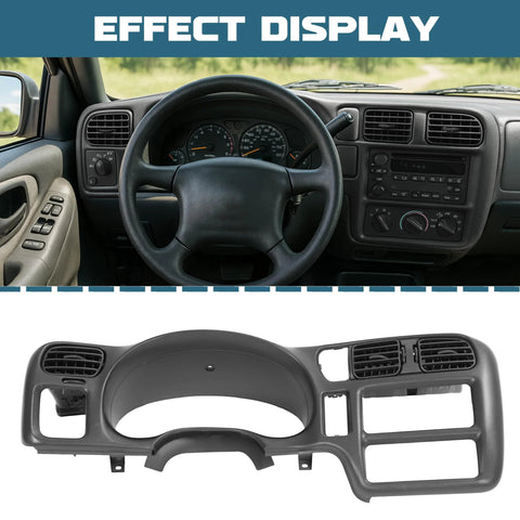 Dash radio bezel cover for 1998–2004 Chevy S10 Blazer/GMC Jimmy; in-car installed view and standalone bezel image.
