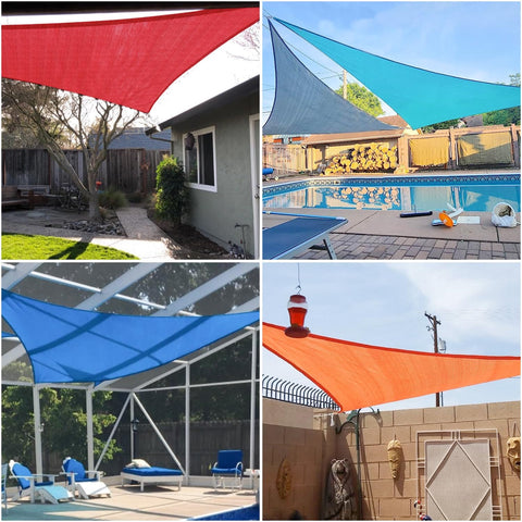 Various Sun Shade Sail Triangle Canopy for Patio and Backyard setups, 22 ft equilateral, 180GSM HDPE, different colors over outdoor spaces.