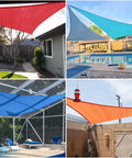 Collage of red, teal, blue, and orange sun shade sails over various outdoor areas
