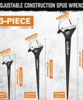 Heavy Duty Adjustable Spud Wrench Set 10 Inch, 12 Inch, 16 Inch with CR-V Steel, Black Oxide Finish, SAE and Metric Scale