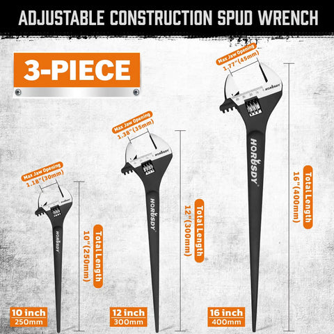 Heavy Duty Adjustable Spud Wrench Set 10 Inch, 12 Inch, 16 Inch with CR-V Steel, Black Oxide Finish, SAE and Metric Scale