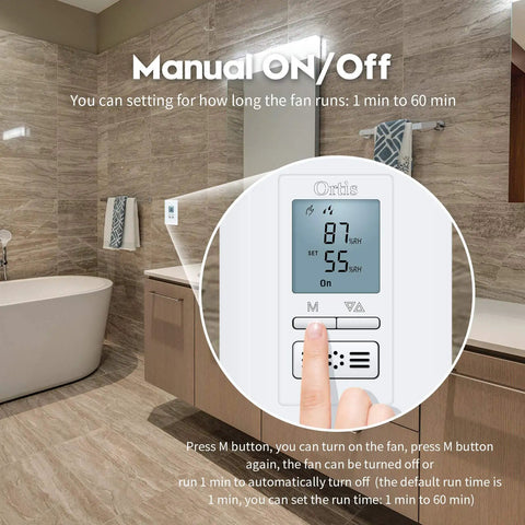 New Generation Humidity Sensor Switch for in-wall bathroom fan with manual control, showing humidity reading on screen