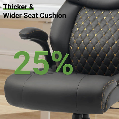 Close-up of black big and tall office chair with lumbar support for back pain, breathable PU seat, and adjustable flip-up armrests.