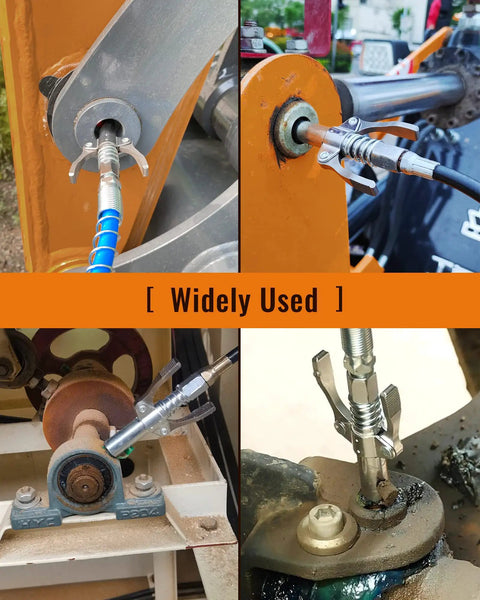 Heavy Duty Grease Gun Coupler With Six Lobed Locking Jaws And Gasket installed on various machinery fittings